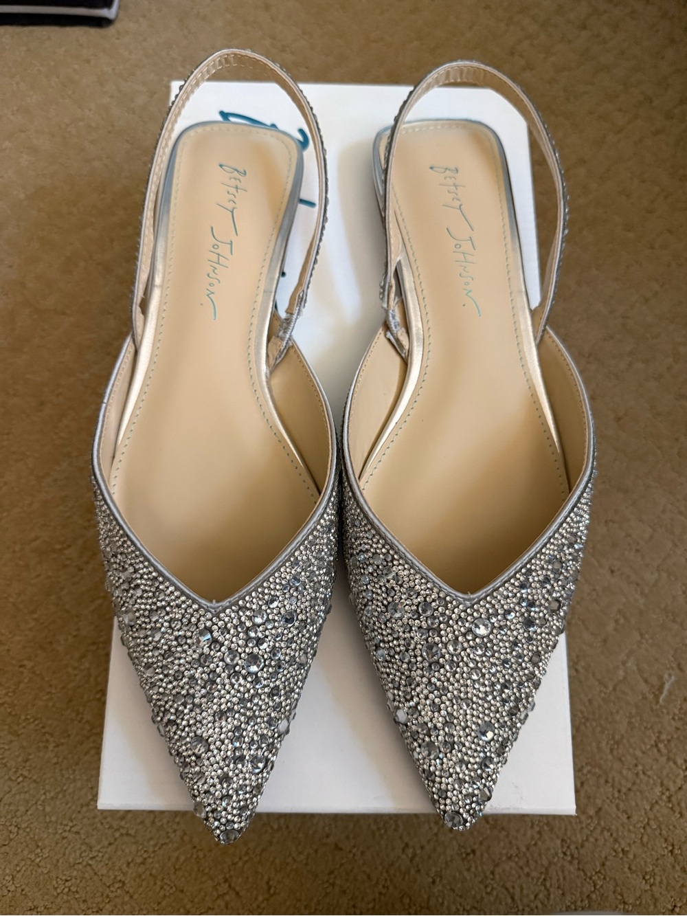 Betsey Johnson Silver Crystal-Embellished Pointed Slingback Flats